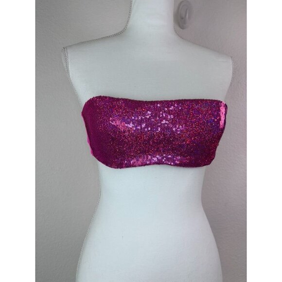 Victoria's Secret women's small hot pink sequin bandeau bikini top strapless - Picture 1 of 6